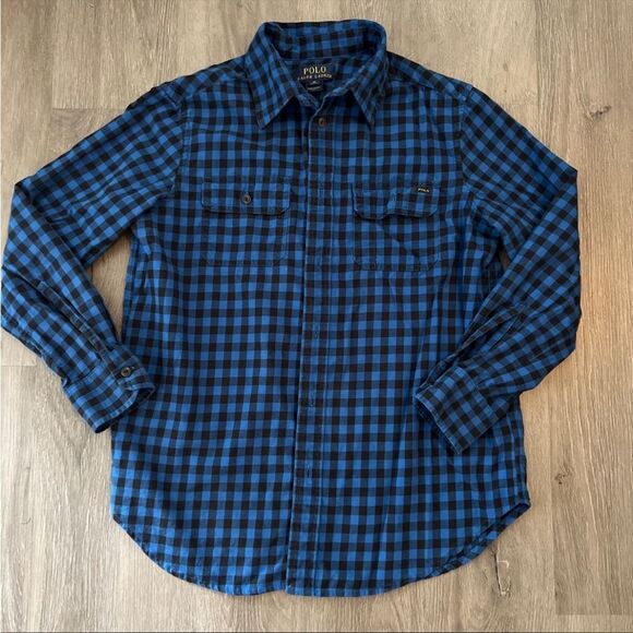 Polo Ralph Lauren Blue Black Plaid Flannel Button Down Shirt - Picture 2 of 5
